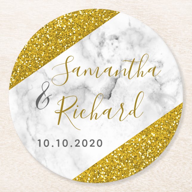 White Marble And Gold Glitter Wedding Round Paper Coaster (Front)