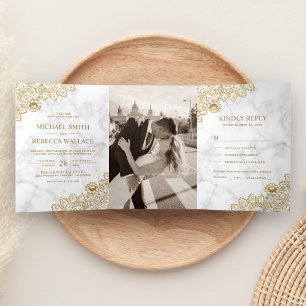 White Marble and Gold Lace Wedding Photo Tri-Fold Invitation