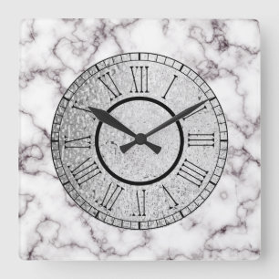 White Marble and Grey w/ Silver and Roman Numerals Square Wall Clock