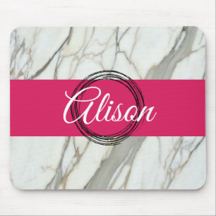 White marble and pink fuchsia custom name girly mouse pad