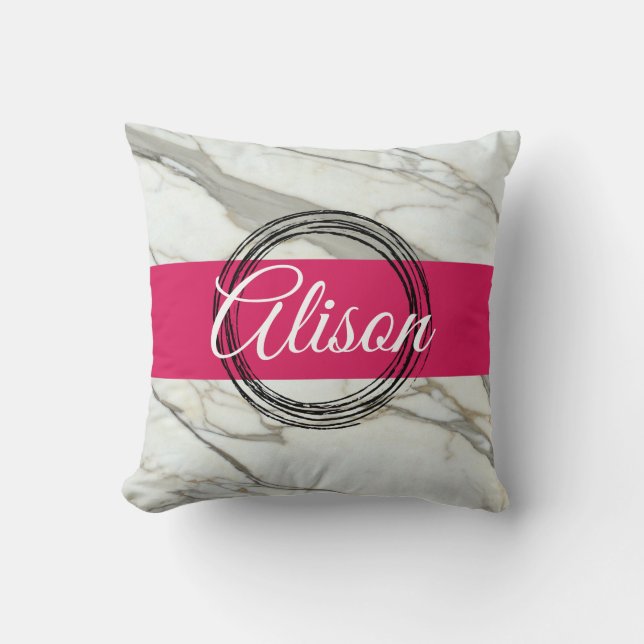 White marble and pink fuchsia custom name girly throw pillow (Front)