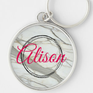 White marble and pink fuchsia name keychain
