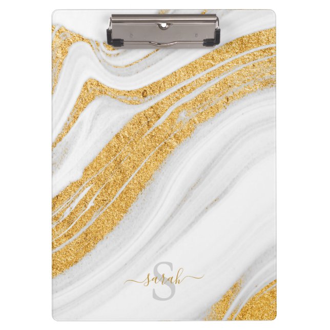 White Marble and Printed Gold Glitter Clipboard (Front)