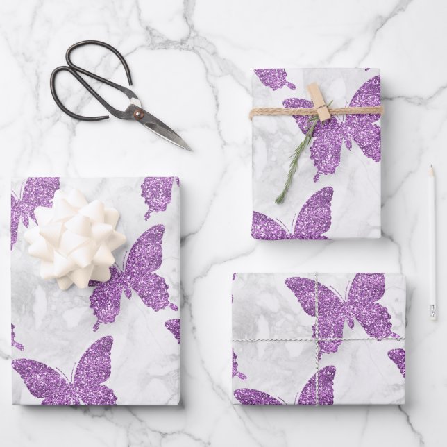 White Marble and Purple Glitter Butterflies Wrapping Paper Sheet (Front)