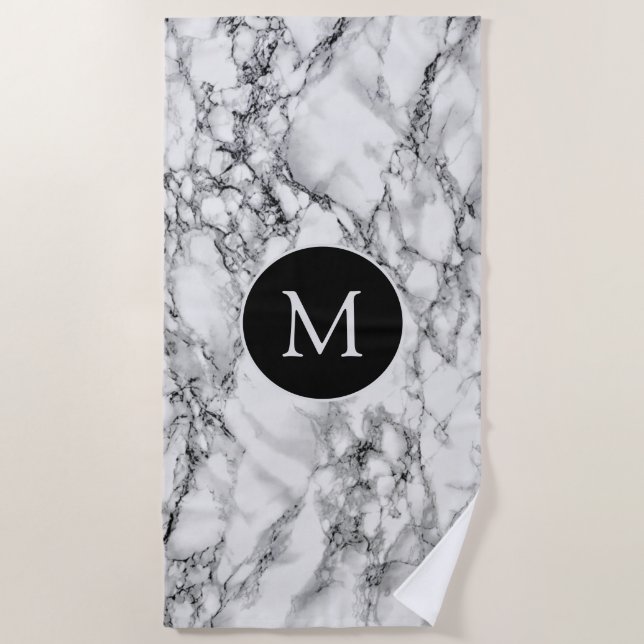 White Marble Beach Towels with Custom Letter (Front)