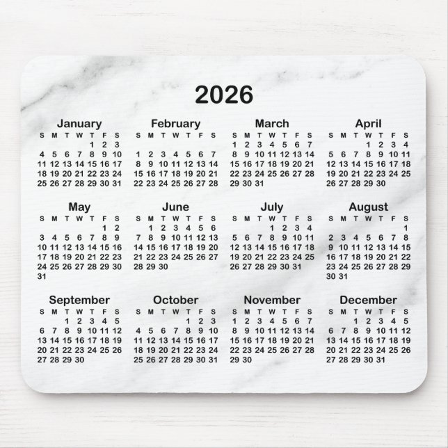 White Marble Black 2026 Calendar Mouse Pad (Front)