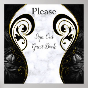 White Marble - Black Abstract Guest Book Poster
