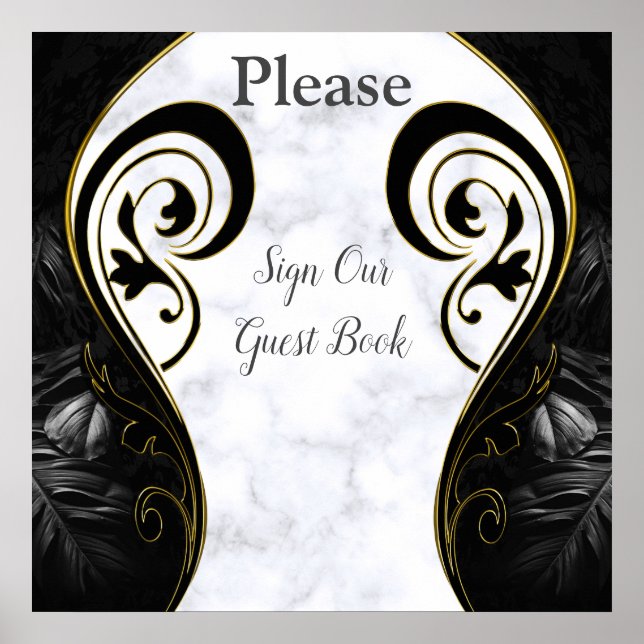 White Marble - Black Abstract Guest Book Poster (Front)