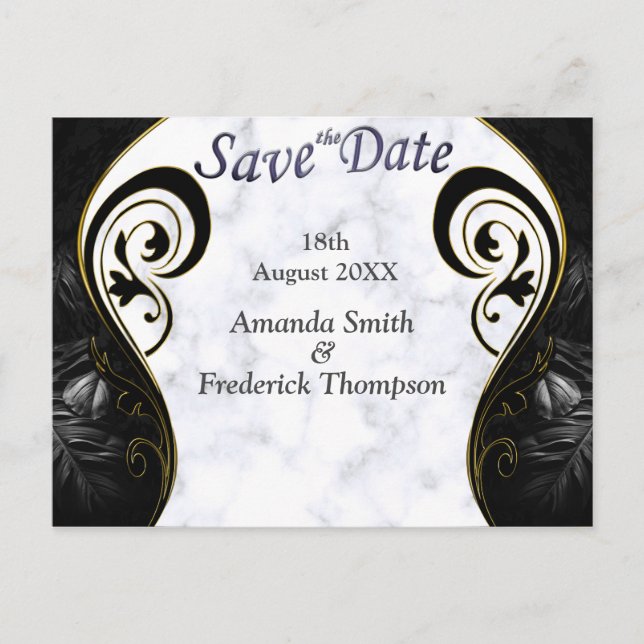White Marble - Black Abstract Tulip Save the Dates Announcement Postcard (Front)