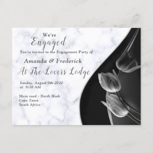 White Marble - Black Abstract Tulips Engagement Invitation Postcard