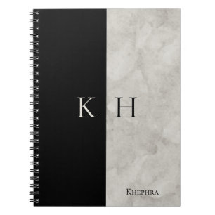 White Marble Black Accent Monogram Name Notebook
