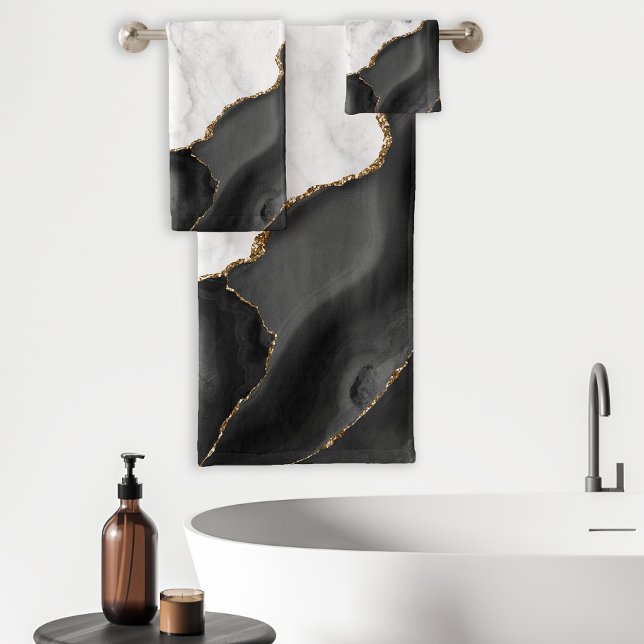White Marble Black Agate Gold Glitter Bath Towel Set (Creator Uploaded)