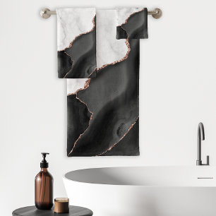 White Marble Black Agate Rose Gold Glitter Bath Towel Set