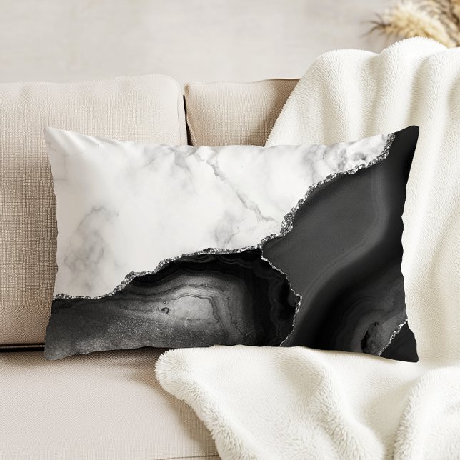 White Marble Black Agate Silver Glitter Accent Pillow (Creator Uploaded)