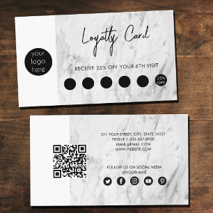White Marble Black Business Logo QR Code Loyalty Business Card