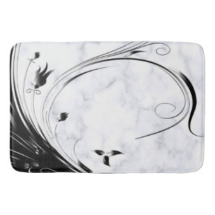 White Marble, Black Filigree Graphic Bath Mat