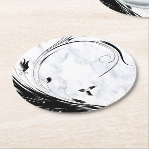 White Marble, Black Filigree Graphic Round Paper Coaster