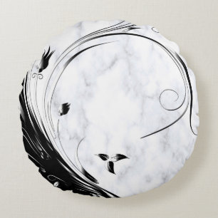 White Marble, Black Filigree Graphic Round Pillow