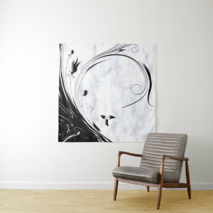 White Marble, Black Filigree Graphic Tapestry