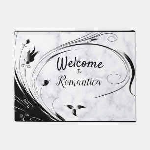 White Marble, Black, Gold Filigree Doormat