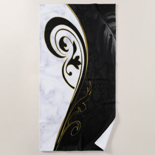 White Marble, Black, Gold Filigree Graphic Beach Towel