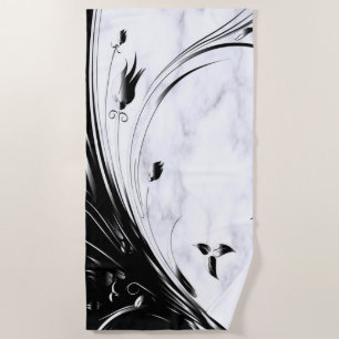White Marble, Black, Gold Filigree Graphic Beach Towel