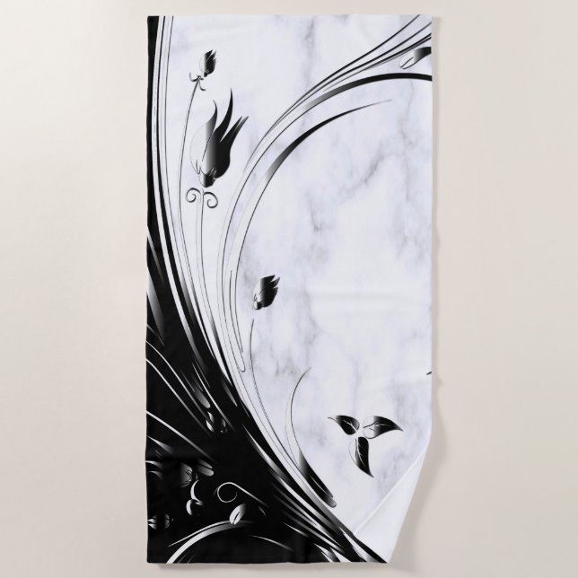 White Marble, Black, Gold Filigree Graphic Beach Towel (Front)