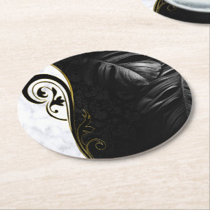 White Marble, Black, Gold Filigree Graphic Round Paper Coaster