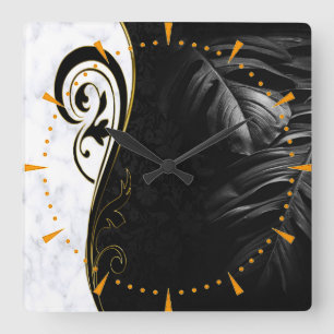 White Marble, Black, Gold Filigree Graphic Square Wall Clock