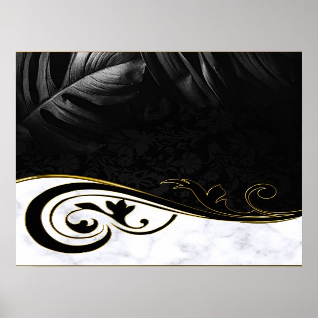 White Marble, Black, Gold Filigree Poster (Front)