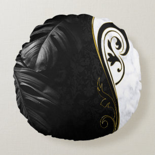 White Marble, Black, Gold Filigree Round Pillow