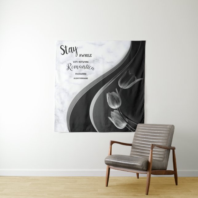 White Marble, Black, Gold Filigree Tapestry (In Situ)