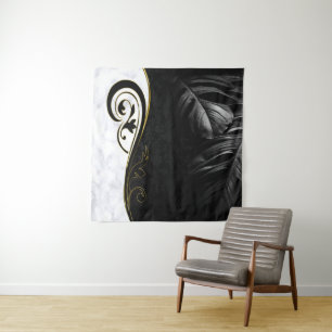 White Marble,Black,Gold Filigree Tapestry