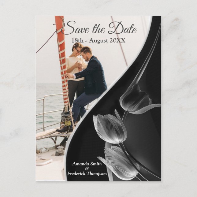 White Marble Black Modern Graphic Save the Dates Announcement Postcard (Front)