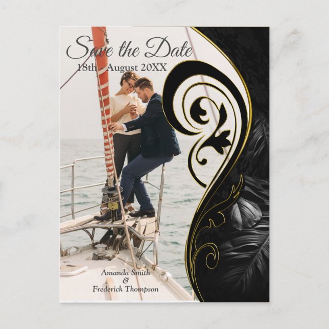 White Marble Black Modern Graphic Save the Dates Announcement Postcard (Front)
