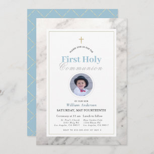 White Marble Boy Photo First Holy Communion Invitation