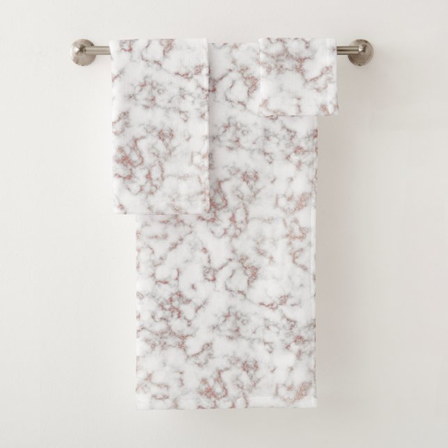 White Marble Carrara Rose Gold Glitter Texture Bath Towel Set (Insitu)