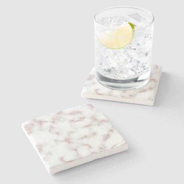 White Marble Carrara Rose Gold Glitter Texture Stone Coaster (Side)