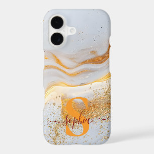 white marble chic gold glitter monogram