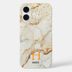 White marble chic gold glitter monogram iPhone 16 case