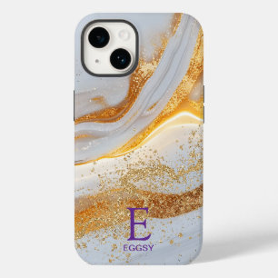 White marble chic gold glitter monogram Case-Mate iPhone 14 case