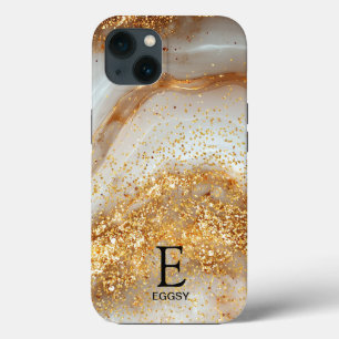 White marble chic gold glitter monogram iPhone 13 case