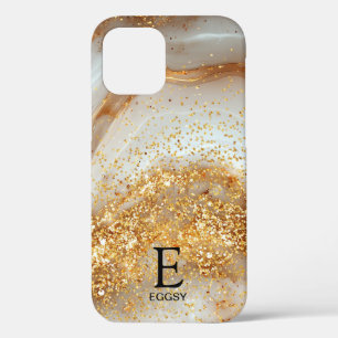 White marble chic gold glitter monogram iPhone 12 case