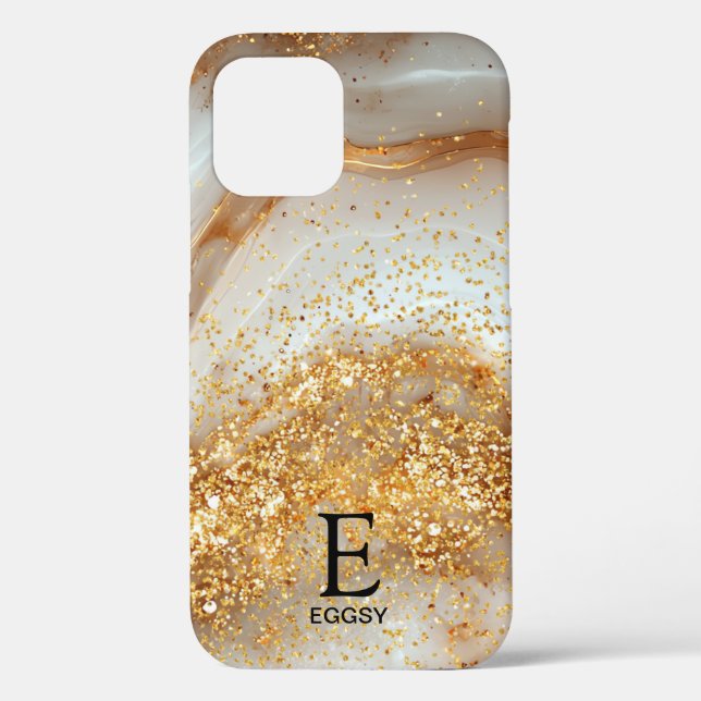 White marble chic gold glitter monogram Case-Mate iPhone case (Back)