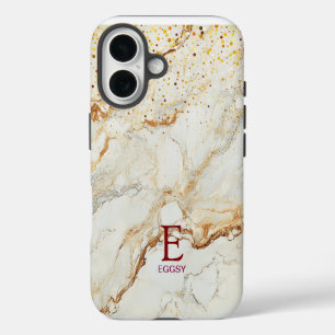White marble chic gold glitter monogram iPhone 16 case