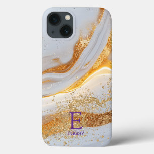 White marble chic gold glitter monogram iPhone 13 case