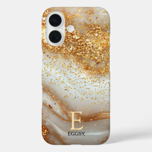 White marble chic gold glitter monogram iPhone 16 case