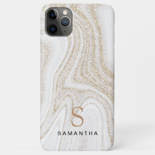 White marble chic gold glitter monogram iPhone 11 pro max case