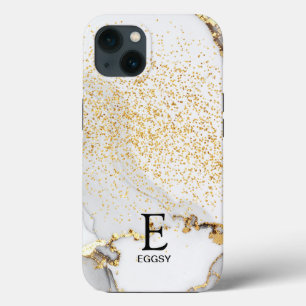 White marble chic gold glitter monogram iPhone 13 case