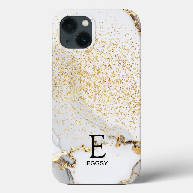 White marble chic gold glitter monogram Case-Mate iPhone case (Back)